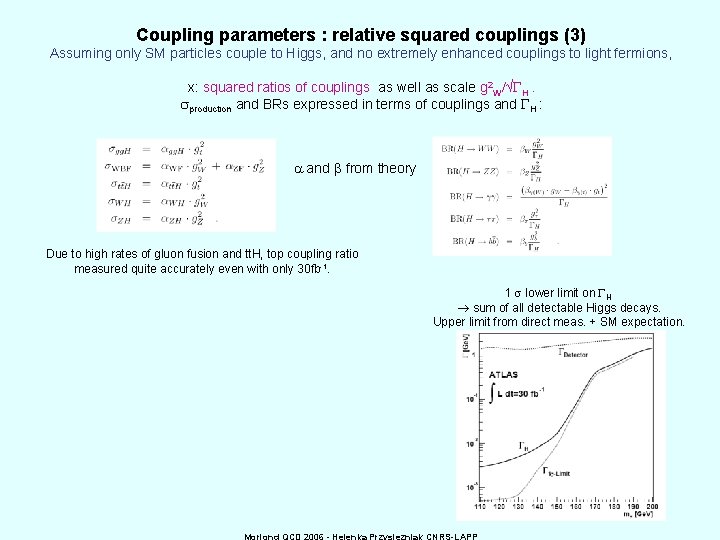 Coupling parameters : relative squared couplings (3) Assuming only SM particles couple to Higgs,