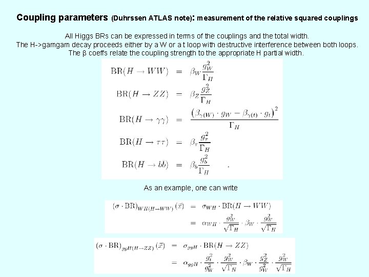 Coupling parameters (Duhrssen ATLAS note): measurement of the relative squared couplings All Higgs BRs