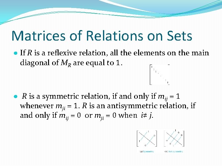 Matrices of Relations on Sets ● If R is a reflexive relation, all the