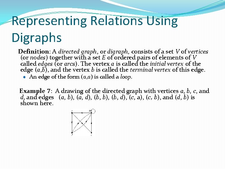 Representing Relations Using Digraphs Definition: A directed graph, or digraph, consists of a set