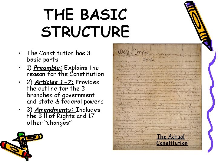 THE BASIC STRUCTURE • The Constitution has 3 basic parts • 1) Preamble: Explains