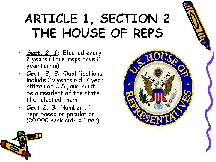 ARTICLE 1, SECTION 2 THE HOUSE OF REPS • Sect. 2, 1: Elected every