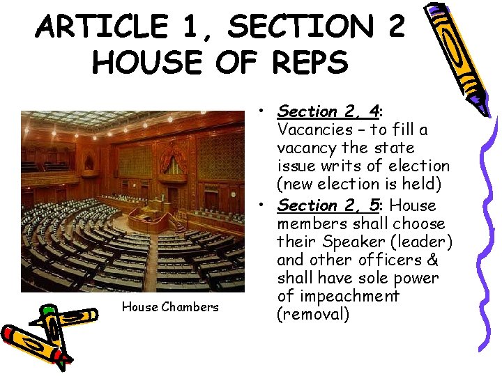 ARTICLE 1, SECTION 2 HOUSE OF REPS House Chambers • Section 2, 4: Vacancies