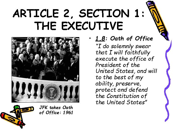 ARTICLE 2, SECTION 1: THE EXECUTIVE JFK takes Oath of Office: 1961 • 1,