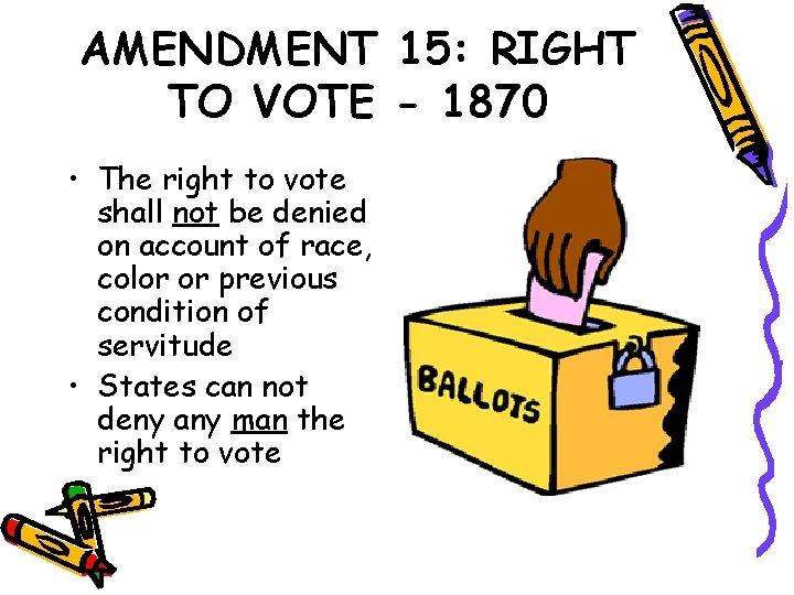 AMENDMENT 15: RIGHT TO VOTE - 1870 • The right to vote shall not