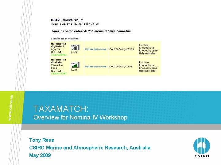 TAXAMATCH: Overview for Nomina IV Workshop Tony Rees CSIRO Marine and Atmospheric Research, Australia