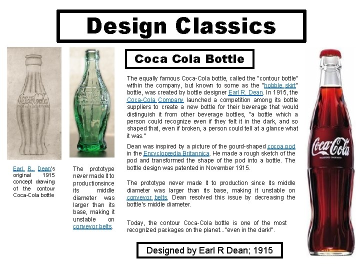 Design Classics Coca Cola Bottle The equally famous Coca-Cola bottle, called the "contour bottle"