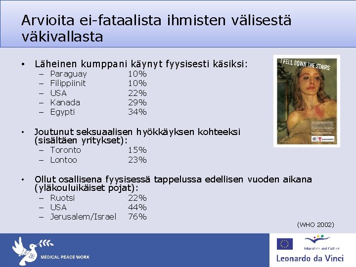Arvioita ei-fataalista ihmisten välisestä väkivallasta • Läheinen kumppani käynyt fyysisesti käsiksi: – – – Arvioita ei-fataalista ihmisten välisestä väkivallasta • Läheinen kumppani käynyt fyysisesti käsiksi: – – –