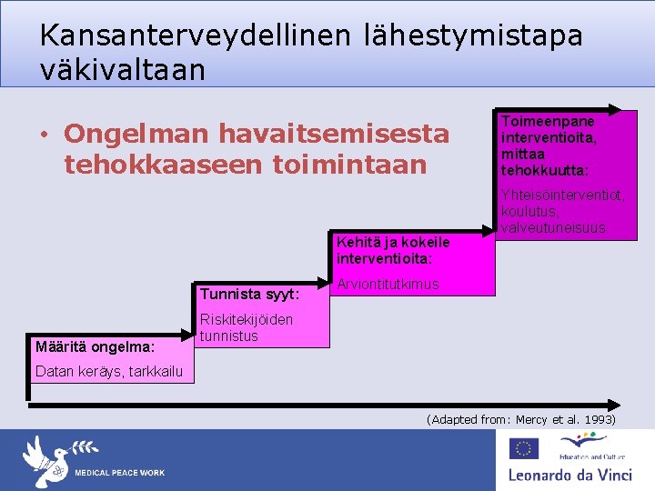 Kansanterveydellinen lähestymistapa väkivaltaan • Ongelman havaitsemisesta tehokkaaseen toimintaan Kehitä ja kokeile interventioita: Tunnista syyt: Kansanterveydellinen lähestymistapa väkivaltaan • Ongelman havaitsemisesta tehokkaaseen toimintaan Kehitä ja kokeile interventioita: Tunnista syyt: