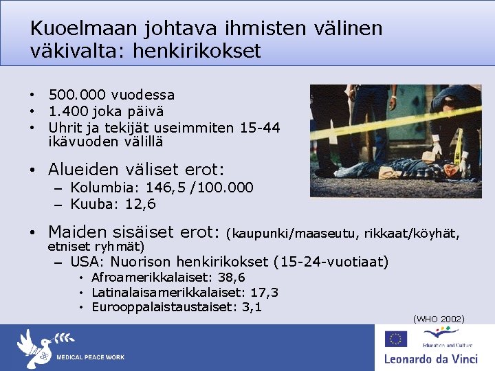 Kuoelmaan johtava ihmisten välinen väkivalta: henkirikokset • 500. 000 vuodessa • 1. 400 joka Kuoelmaan johtava ihmisten välinen väkivalta: henkirikokset • 500. 000 vuodessa • 1. 400 joka