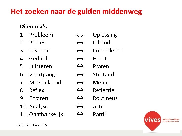 Het zoeken naar de gulden middenweg Dilemma’s 1. Probleem 2. Proces 3. Loslaten 4.