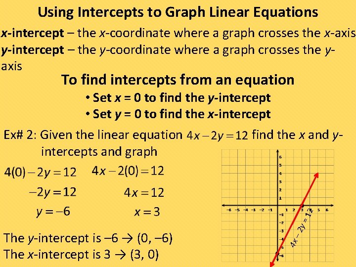 Using Intercepts to Graph Linear Equations x-intercept – the x-coordinate where a graph crosses