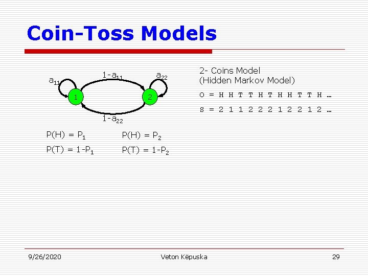 Coin-Toss Models 1 -a 11 1 a 22 O = H H T T