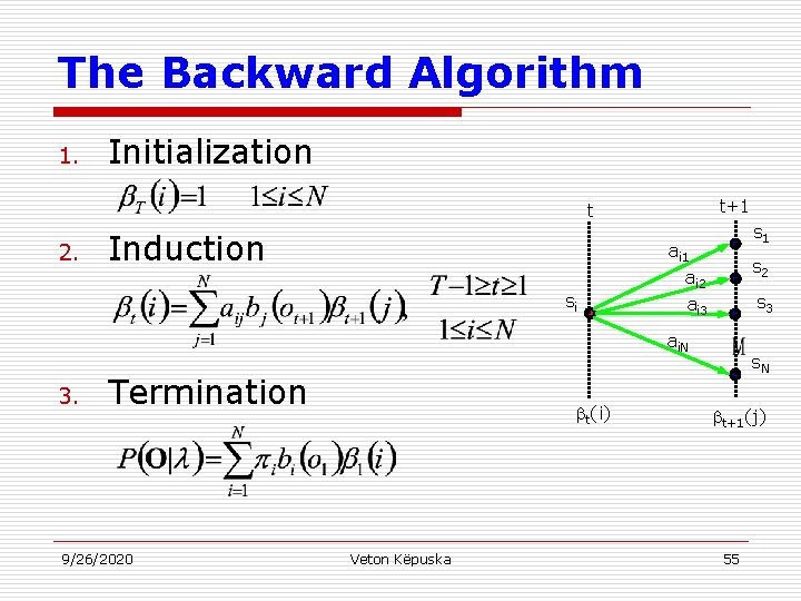 The Backward Algorithm 1. Initialization t+1 t 2. Induction si s 1 ai 2