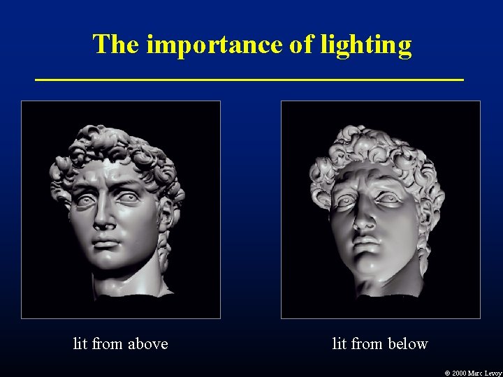 The importance of lighting lit from above lit from below Ó 2000 Marc Levoy The importance of lighting lit from above lit from below Ó 2000 Marc Levoy