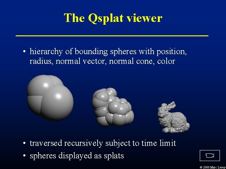 The Qsplat viewer • hierarchy of bounding spheres with position, radius, normal vector, normal The Qsplat viewer • hierarchy of bounding spheres with position, radius, normal vector, normal