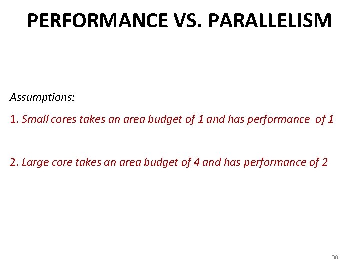 PERFORMANCE VS. PARALLELISM Assumptions: 1. Small cores takes an area budget of 1 and