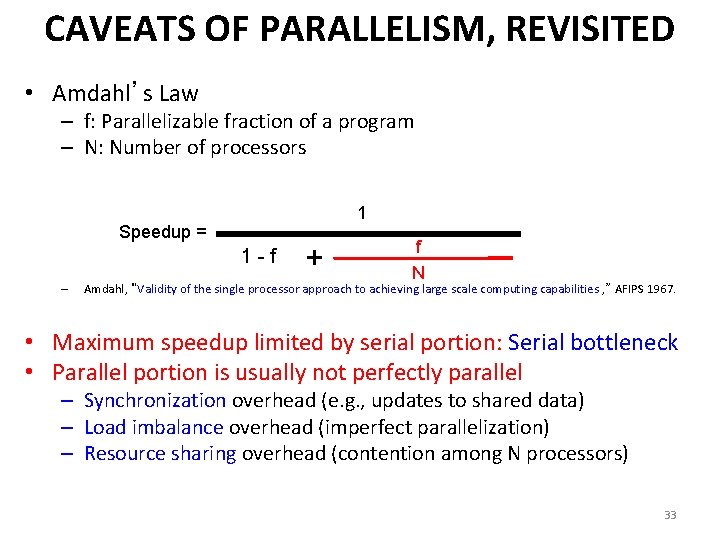 CAVEATS OF PARALLELISM, REVISITED • Amdahl’s Law – f: Parallelizable fraction of a program