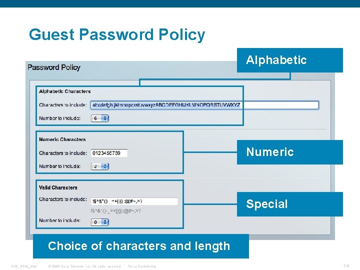 Guest Password Policy Alphabetic Numeric Special Choice of characters and length NAC_BDM_May © 2006