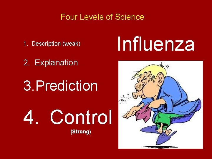 Four Levels of Science 1. Description (weak) 2. Explanation 3. Prediction 4. Control (Strong)