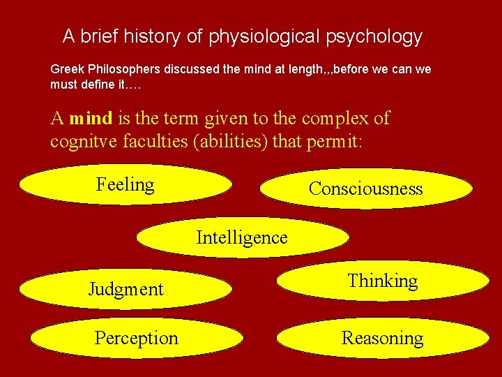A brief history of physiological psychology Greek Philosophers discussed the mind at length, ,