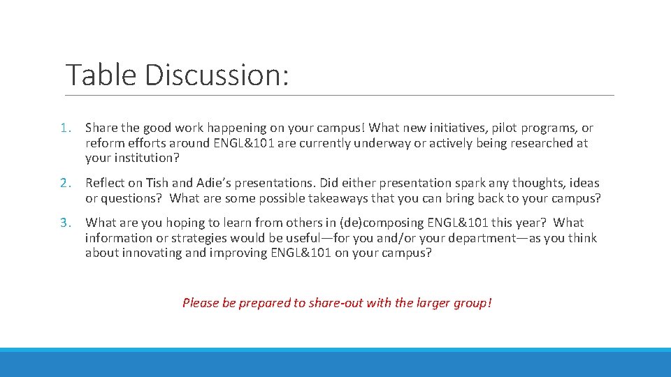 Table Discussion: 1. Share the good work happening on your campus! What new initiatives,