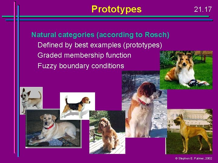 Prototypes 21. 17 Natural categories (according to Rosch) Defined by best examples (prototypes) Graded