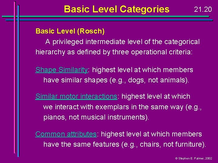 Basic Level Categories 21. 20 Basic Level (Rosch) A privileged intermediate level of the