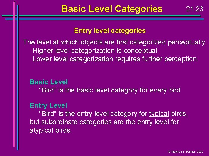 Basic Level Categories 21. 23 Entry level categories The level at which objects are