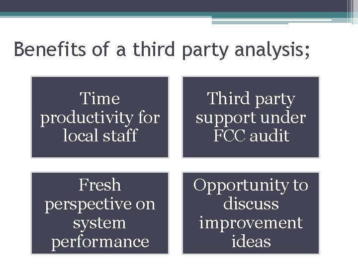 Benefits of a third party analysis; Time productivity for local staff Third party support
