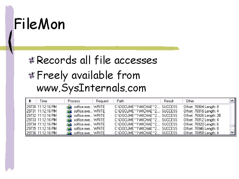 File. Mon Records all file accesses Freely available from www. Sys. Internals. com 