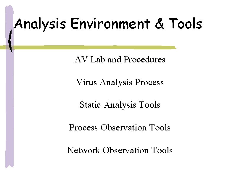 Analysis Environment & Tools AV Lab and Procedures Virus Analysis Process Static Analysis Tools