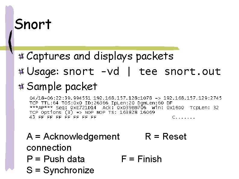 Snort Captures and displays packets Usage: snort -vd | tee snort. out Sample packet