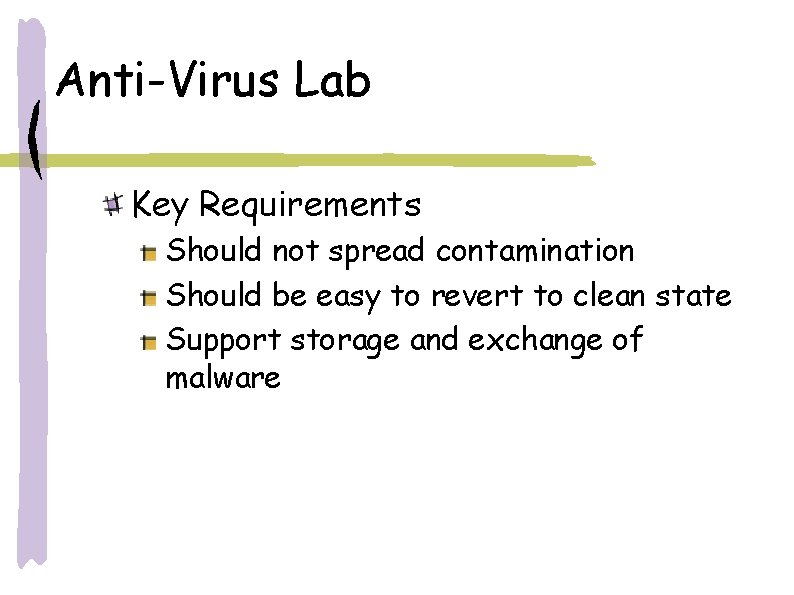 Anti-Virus Lab Key Requirements Should not spread contamination Should be easy to revert to