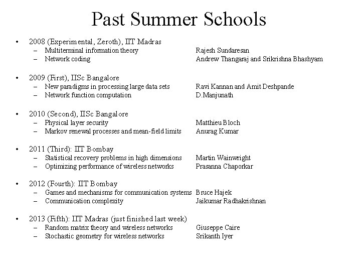 Past Summer Schools • 2008 (Experimental, Zeroth), IIT Madras – – • Physical layer