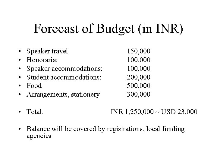 Forecast of Budget (in INR) • • • Speaker travel: Honoraria: Speaker accommodations: Student