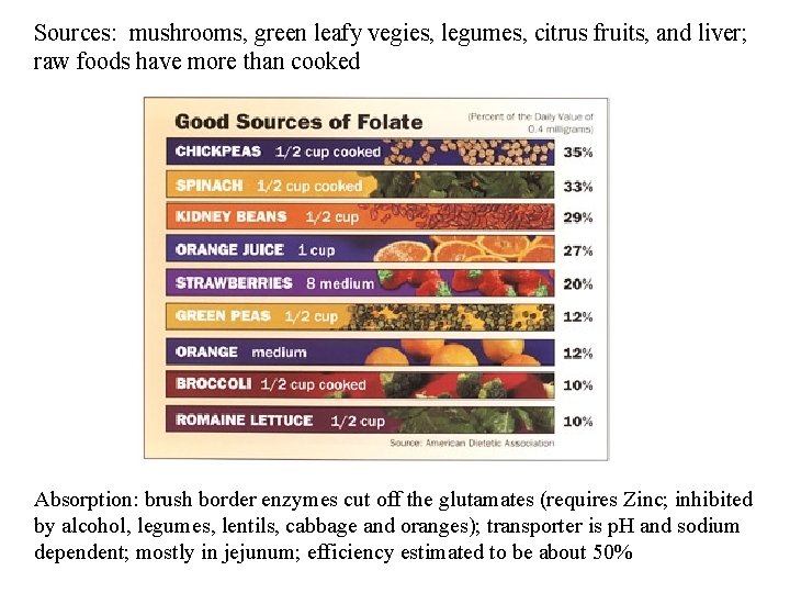 Sources: mushrooms, green leafy vegies, legumes, citrus fruits, and liver; raw foods have more