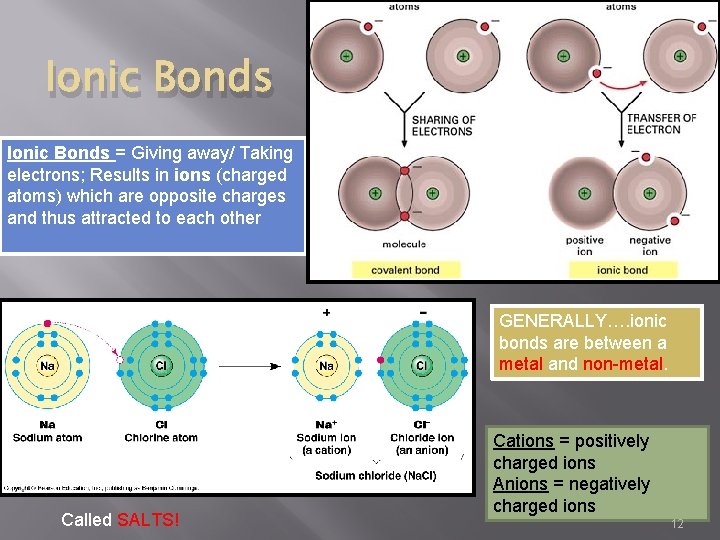 Ionic Bonds = Giving away/ Taking electrons; Results in ions (charged atoms) which are