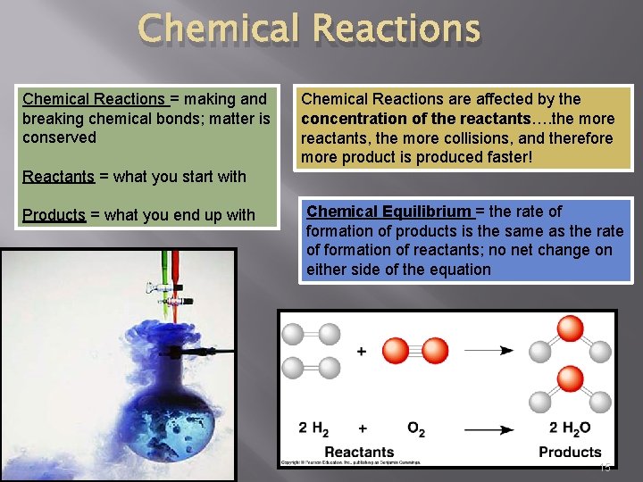 Chemical Reactions = making and breaking chemical bonds; matter is conserved Chemical Reactions are