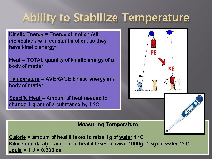 Ability to Stabilize Temperature Kinetic Energy = Energy of motion (all molecules are in