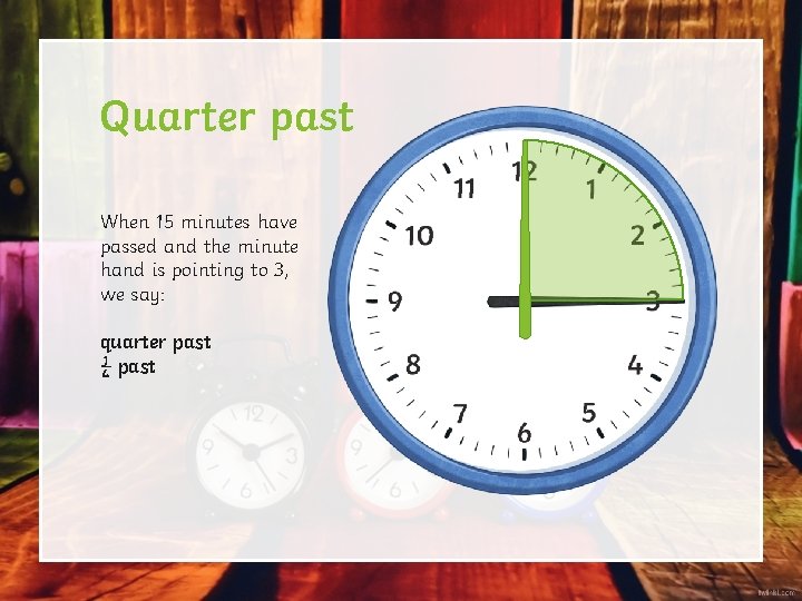 Quarter past When 15 minutes have passed and the minute hand is pointing to Quarter past When 15 minutes have passed and the minute hand is pointing to