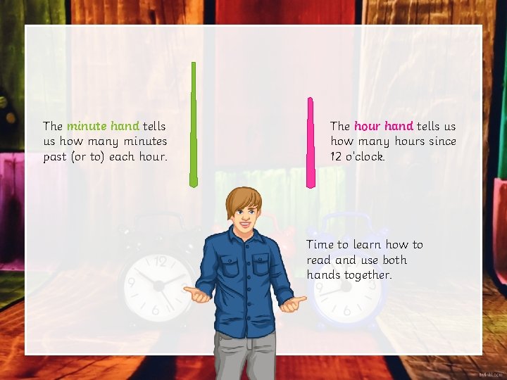 The minute hand tells us how many minutes past (or to) each hour. The The minute hand tells us how many minutes past (or to) each hour. The