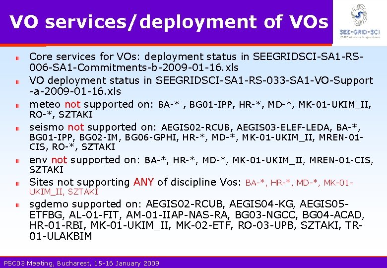 VO services/deployment of VOs Core services for VOs: deployment status in SEEGRIDSCI-SA 1 -RS