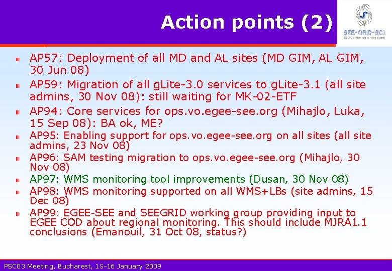 Action points (2) AP 57: Deployment of all MD and AL sites (MD GIM,