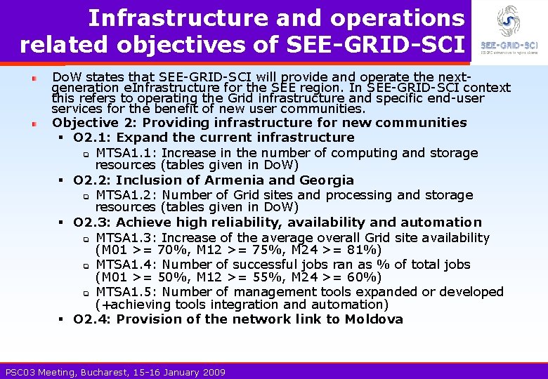 Infrastructure and operations related objectives of SEE-GRID-SCI Do. W states that SEE-GRID-SCI will provide