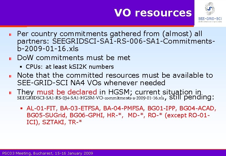 VO resources Per country commitments gathered from (almost) all partners: SEEGRIDSCI-SA 1 -RS-006 -SA