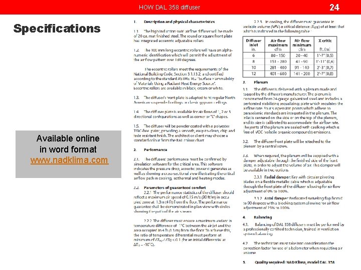 HOW DAL 358 diffuser Specifications Available online in word format www. nadklima. com 24