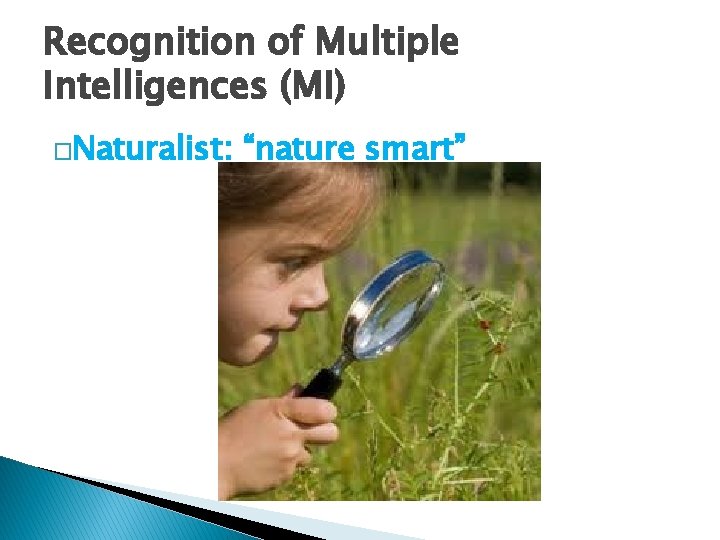 Recognition of Multiple Intelligences (MI) �Naturalist: “nature smart” 