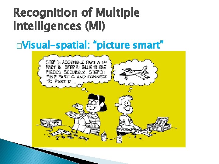 Recognition of Multiple Intelligences (MI) �Visual-spatial: “picture smart” 