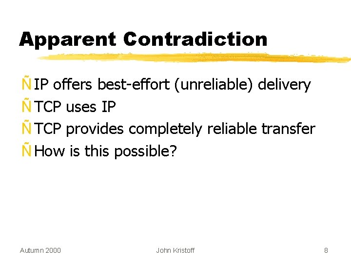 Apparent Contradiction Ñ IP offers best-effort (unreliable) delivery Ñ TCP uses IP Ñ TCP Apparent Contradiction Ñ IP offers best-effort (unreliable) delivery Ñ TCP uses IP Ñ TCP